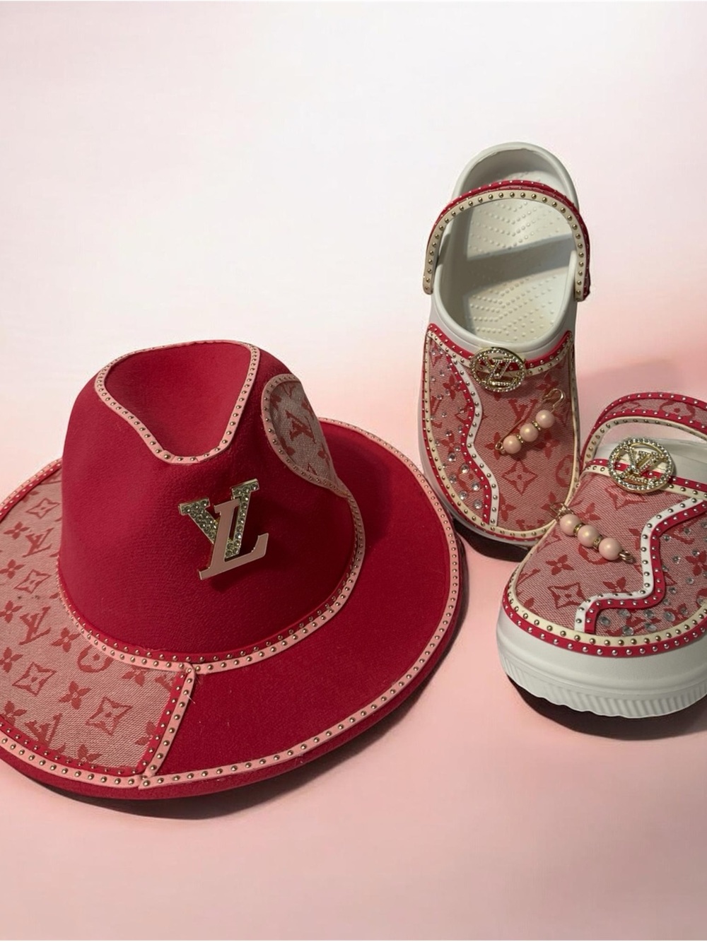 Designer Red Monogram Mule Clogs with Matching Red Monogram Hat
